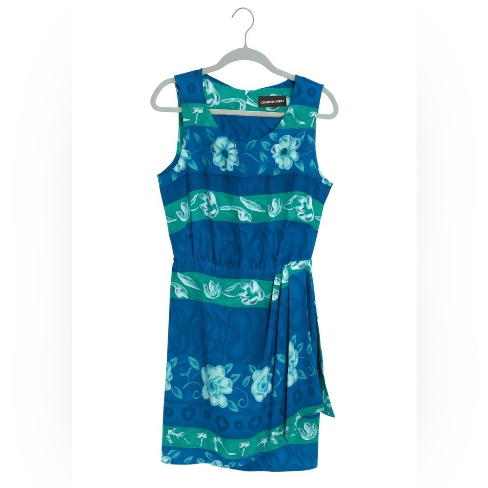 Sag Harbor Women’s 14 Blue Green Floral Wrap Tie Waist Sleeveless Zip Back Dress